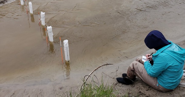 A researcher writes down measurements of groundwater levels near the Loup River. (Troy Gilmore/Biological Systems Engineering)