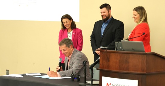 Gov. Pillen; DED Interim Director Maureen Larson;  Doug Rood, vice chair of workforce for NeMAC, Katie Thurber, commissioner, NDOL
