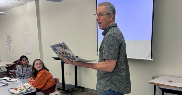  Nebraska State Poet Emeritus Matt Mason at a poetry workshop for students as part of the Scholastic Art & Writing Awards April 2 event at Hastings College. 