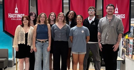 Shown in Morrison-Reeves Science Center are the 2025-26 Psi Chi inductees and officers. In the front are (from left) Aubrey Eresman, Mary Howie, Brooke Tritthart, Victoria Mallory and Lilac Ramsey (co-president), and in the back (from left) are Anna Zentz (officer), Abby Harveson (officer), Madison Rhodes and Levi West (co-president).