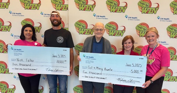  (left to right): Melissa Griffith, CHI Health St. Francis Foundation Director, Nick Faller, Gil Kuntz, Mary Kuntz and Morgan Rader, Foundation Coordinator at last year’s Ticket to Win fundraiser. Nick Faller of Hampton, NE was the big winner of CHI Health St. Francis Foundation’s annual Ticket to Win raffle drawing on June 5, 2025. Faller’s ticket was drawn for the $10,000 grand prize during the annual free social event held at the hospital. The hospital’s premier fundraiser also awarded a $5,000 prize to Gil and Mary Kuntz from Grand Island.