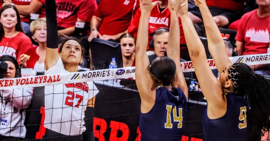 Nebraska's Harper Murray goes for a kill against Georgia Tech on Saturday. Photo by Josh Salmon