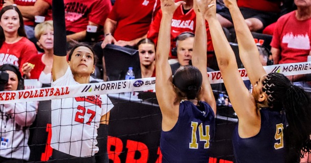 Nebraska's Harper Murray goes for a kill against Georgia Tech on Saturday. Photo by Josh Salmon