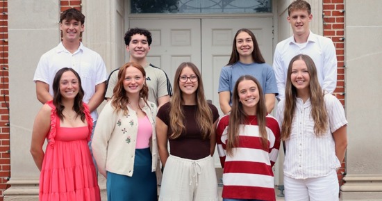 Members of the 2026 Hastings College Homecoming Court include (front, from left) Lexi Benson, Ellie Lloyd, Abby Fielder, Norah Stewart and Stella Heapy, and (back, from left) Brady Lichtenberg, Sam Acosta Castellanos, McKenna Yates and Caden Block. Not pictured : Leah Downer.