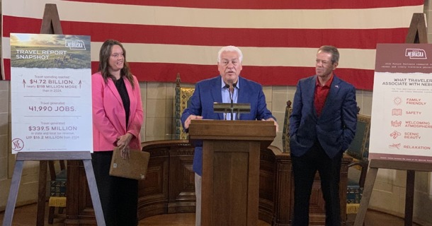 Paul Younes of Kearney speaks at news conference highlighting new tourism data for Nebraska