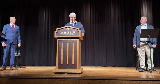 Grand Island mayor candidates Jimmy Reed (left) and Ryan O'Neill (right) participated in a debate Oct. 29 at College Park's auditorium. Brian Gallagher (center) with KRGI/Usher Media Group was the moderator. (Carol Bryant, Central Nebraska Today)