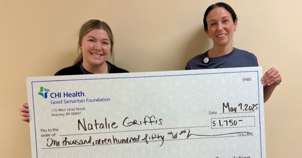 Natalie Griffis (left), photographed with director Megan Uphoff (right), was recently awarded a Ron and Carol Cope Endowed Health Care Scholarship, Shirley Chavanu Endowed Nursing Scholarship and a Nursing Shared Governance Scholarship totalling $1,750. Griffis, a registered nurse in the hospital’s Intensive Care Unit, was one of 19 recipients of $19,750 in scholarships made possible by generous Foundation donors.