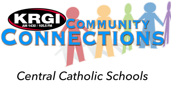 KRGI-AM logo with the words Community Connection Central Catholic Schools.