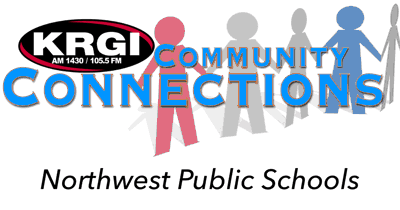 KRGI-AM logo with the words Community Connection Northwest Public Schools